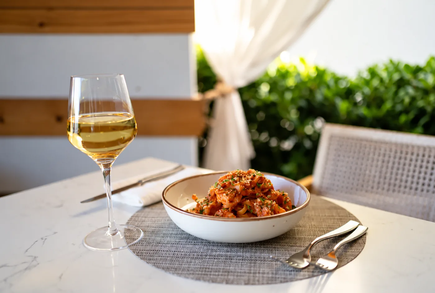 Pasta served beside a glass of white wine at Kalypso Beach